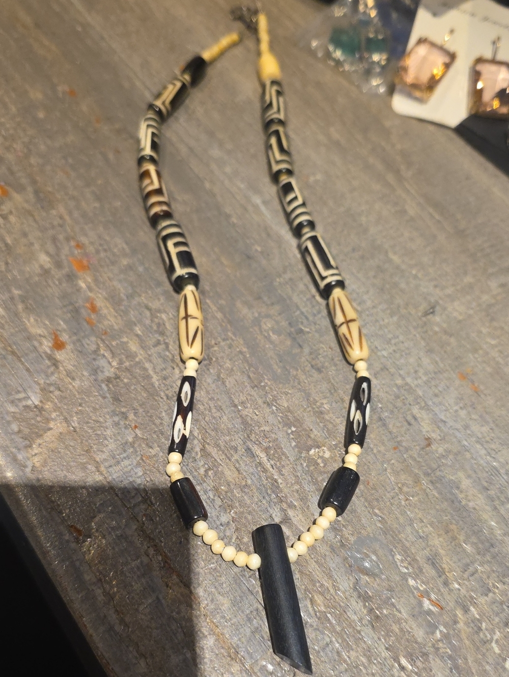 Handcrafted Natural Bone Black and Cream Tribal Bead Necklace